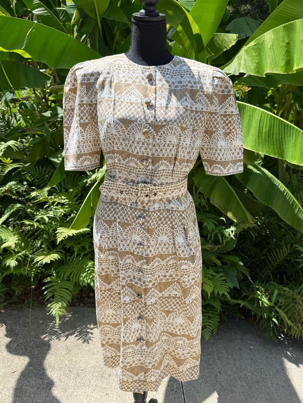 Vintage Papell Boutique Geo Print Puff Sleeve Belted Midi Dress - Women’s 10